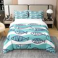 Cartoon Fishes Comforter Cover Single,Geometric Fish 100% Cotton Duvet Cover for Kids Boys Girls,Mint Green and White Stripes Bedding Set,Kawaii Ocean Life Quilt Cover with 1 Pillow Case Zipper