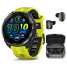 Garmin Forerunner 965 Premium GPS Running and Triathlon Smartwatch with AMOLED Touchscreen Display Carbon Gray DLC Titanium Bezel and Amp Yellow Silicone Band with Wearable4U Black EarBuds Bundle