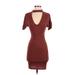 Fashion Nova Casual Dress - Bodycon Plunge Short sleeves: Burgundy Solid Dresses - Women's Size Small