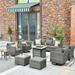 Ovios 9 Pieces Outdoor Patio Furniture with 30Inch Gas Fire Pit Table CSA Approved Grey Wicker Conversation Set with 360 Degree Swivel Rocking Chair