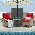 MeetLeisure 3-Piece Wicker Outdoor Conversation Set Including 2 Swivel Rocking Chairs and 1 Wicker Side Table (Natural Color/Red)