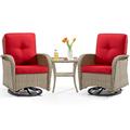 MeetLeisure 3-Piece Wicker Outdoor Conversation Set Including 2 Swivel Rocking Chairs and 1 Wicker Side Table (Natural Color/Red)