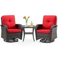 MeetLeisure 3-Piece Wicker Outdoor Conversation Set Including 2 Swivel Rocking Chairs and 1 Wicker Side Table (Brown/Red)