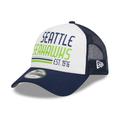 Men's New Era White/College Navy Seattle Seahawks Stacked A-Frame Trucker 9FORTY Adjustable Hat