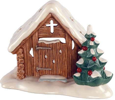 Teelichthalter GOEBEL "Waldkapelle, Höhe ca. 16,5 cm, Weihnachtsfigur aus Steingut", bunt (weiß, braun, grün), B:18cm H:16,50cm T:21cm, Steingut, Kerzenhalter, Sammlerfigur, Weihnachtsdeko mit Baum, inkl. 1x Teelicht Image