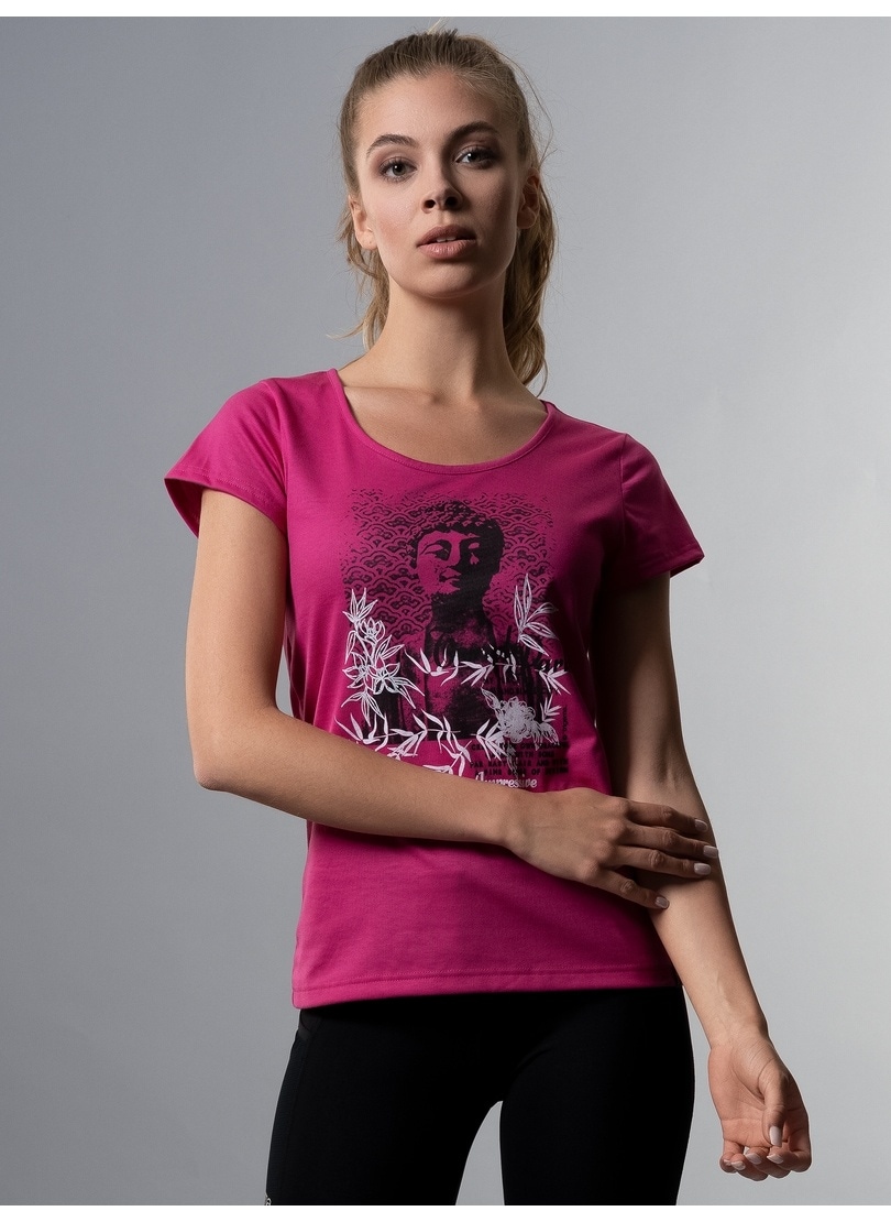 „T-Shirt TRIGEMA „“TRIGEMA Slim Fit mit Buddha-Print““ Gr. L, rosa (hibiskus) Damen Shirts Jersey“