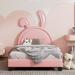 Upholstered Daybed Frame for Kids, Leather Platform Bed with Bunny Ears Headboard, Wood Platform Bed Frame with Rabbit Ornament