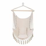 Tassel Hanging Chair with 2 Pillows Hammock Chair Hanging Rope Swing Chair Max 265lbs Quality Cotton Weave Hanging Rope Chair for Bedroom Garden Patio Porch Yard Beige 100 x 130 cm