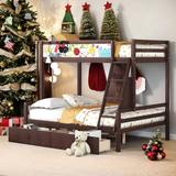 Twin over Full Bunk Bed with Staircases, Wood Twin Over Full Bunk Bed Frame with 3-Hooks and 2-Drawers, Espresso