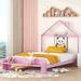 Bedroom Wood Platform Bed Minimalist Kids Bed with House-shaped Headboard, Wood Platform Bed Frame Footboard Bench