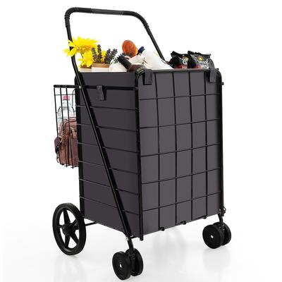 Folding Rolling Shopping Cart with Waterproof Liner and Basket-Black - 24" x 23.5" x 40"(L x W x H)