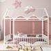 Metal Bed House Bed with Fence, House-Shaped Metal Platform Bed Frame Kids Floor Bed with Roof for Boys Girls