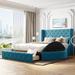 Upholstered Platform Bed Queen Size Storage Velvet Bed with Wingback Headboard and 1 Big Drawer,2 Side Storage Stool, Blue