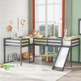 Twin Size Loft Bed for Kids, L-Shape Loft Beds with Ladder & Slide, Low Loft Bed Frame, Wooden Loft Bed for Girls Boys