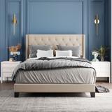 Beige Queen Size Upholstered Platform Bed with Classic Headboard