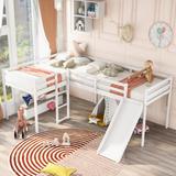 Twin Size Loft Bed for Kids, L-Shape Loft Beds with Ladder & Slide, Low Loft Bed Frame, Wooden Loft Bed for Girls Boys