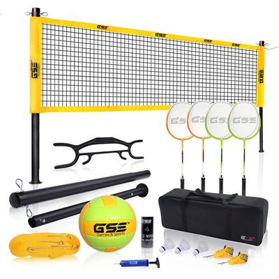 GSE™ Professional Outdoor Portable Badminton/Volleyball Combo Set with Net, 4 Rackets & 3 Shuttlecocks, Volleyball Ball & Pump