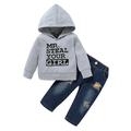 3T Baby Boy Clothes Little Boy 2PCS Outfits Letter Print Long Sleeve Hooded Tops Jeans Pants Set 3-4T Little Boy Hoodie Outfits Gray