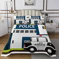 Homewish Police Car Bedspread For Boys Kids Teens Single Size,Cartoon Policeman Vehicle Quilted Black Special Car Coverlet Set Soft Lightweight Quilt Set With 1 Pillow Case Blue