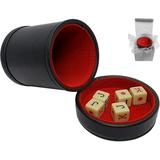 16mm Spanish Poker Dice Bone Tone with PU Leather Plush Red Felt Lined Dice Cup & Matching Removable Lid - Gift Boxed