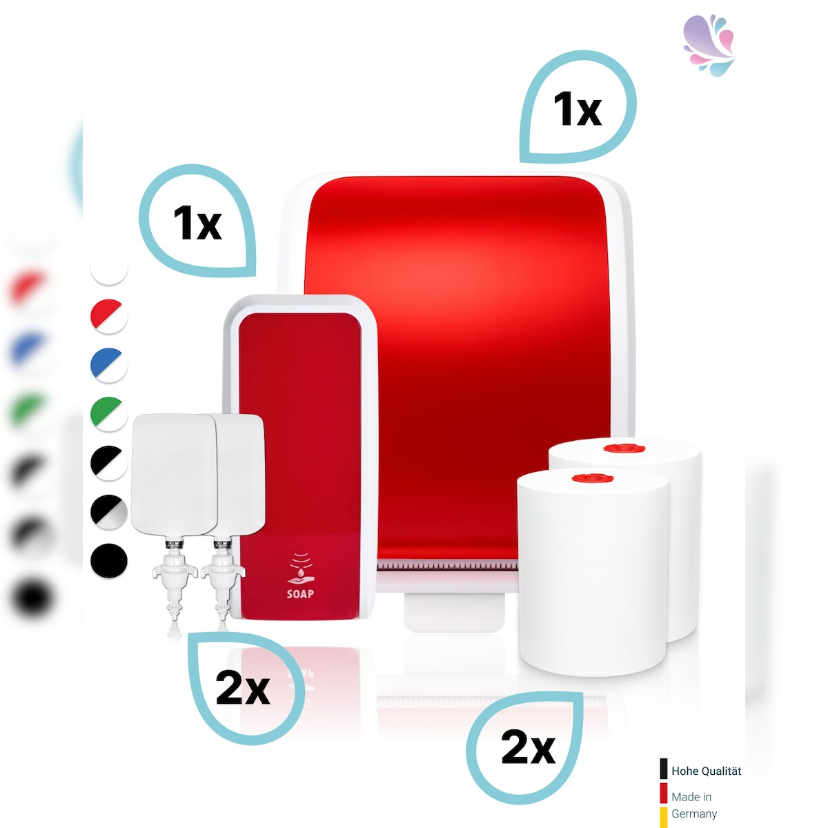 Blanc HYGIENIC KOMPLETT-SET Waschraum: Handtuchrollenspender AUTOCUT + 2 TAD Handtuchrollen + Schaumseifenspender SENSOR + 2 Kartuschen Image
