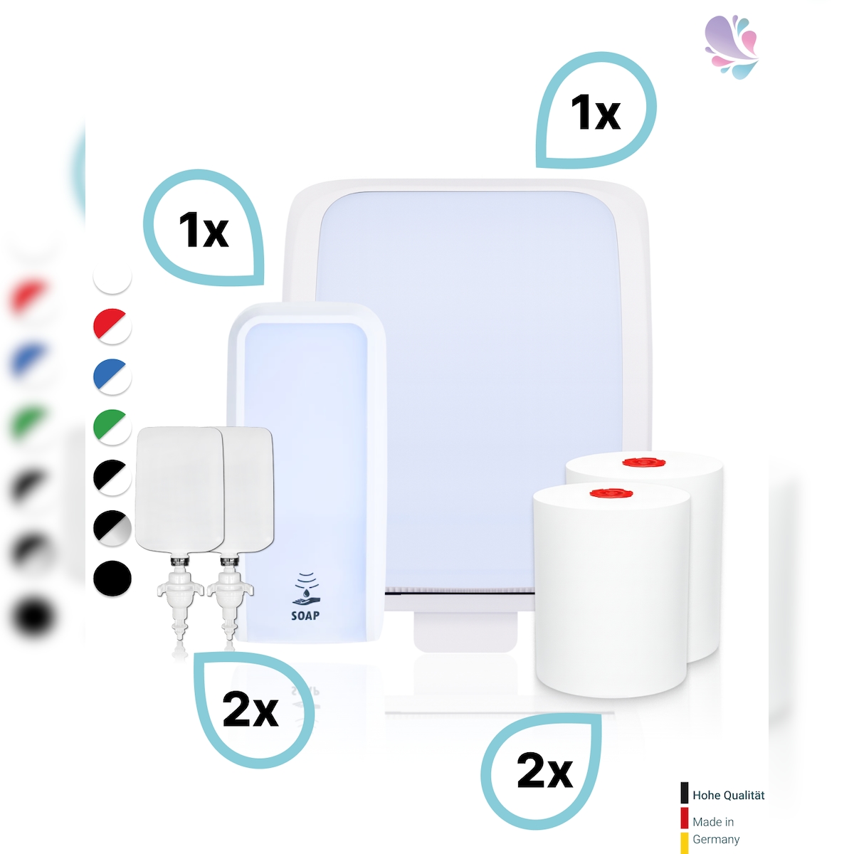 Blanc HYGIENIC KOMPLETT-SET Waschraum: Handtuchrollenspender AUTOCUT + 2 TAD Handtuchrollen + Schaumseifenspender SENSOR + 2 Kartuschen Image