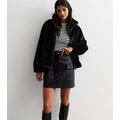 Black Faux Fur Funnel Neck Zip Coat New Look