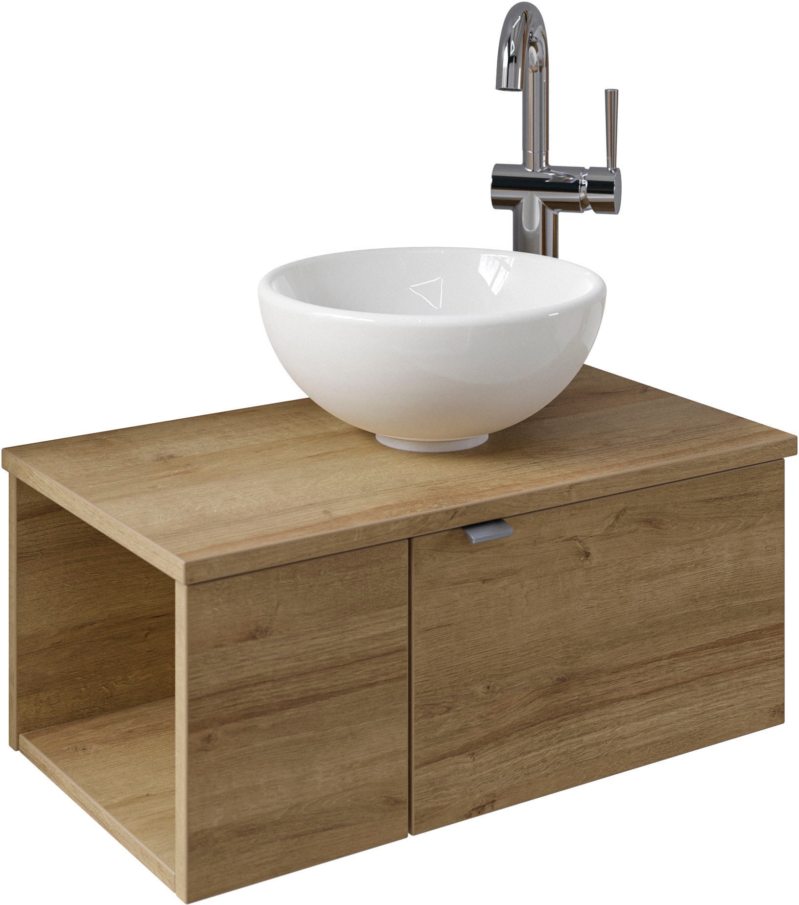 Waschtisch SAPHIR "Serie 6915 Waschschale mit Unterschrank für Gästebad, Gäste WC", braun (riviera eiche, riviera eiche, riviera eiche quer nb), B:61cm H:39,8cm T:35cm, Waschtische, 61 cm breit, 2 Türen, offenes Fach, kleine Bäder, ohne Armatur Image
