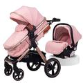 Baby Stroller for Newborn, 3 in 1 Baby Carriage Stroller Upgraded Infant Single Bassinet Seat Toddler Pram Stroller Luxury Pushchair with Rain Cover, Footmuff, Mosquito Net (Color : Pink)