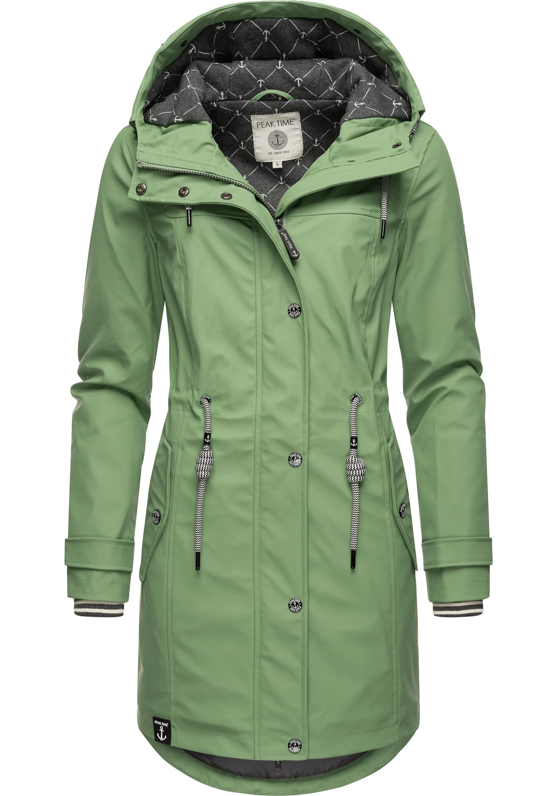 Regenjacke PEAK TIME "L60042", Damen, Gr. 4XL (48), grün (lindgrün), Obermaterial: 100% Polyurethan; Futter 1: 100% Polyester; Futter 2: 60% Baumwolle, 40% Polyester; Wattierung: 100% Polyester, tailliert ca. Mitte Oberschenkel, Ärmel ohne...