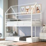 Twin Over Twin Bunk Beds, Floor Metal Frame House Bunk Bed,Low Twin Bunk Beds with Built-in Ladder for Bedrooms,Dorms,Kids,White