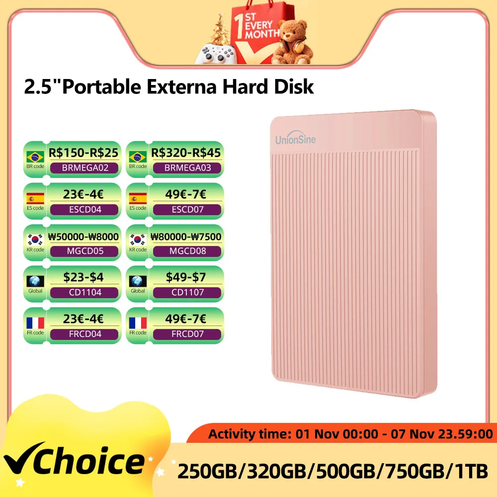 UnionSine – disque dur externe HDD Portable de 2.5 pouces, avec capacité de stockage de 320 go/500 go/750 go/1 to, usb 3.0, Compatible pour PC, Mac, ordinateur de bureau, MacBook