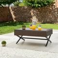 Metal Outdoor Side Coffee End Table Patio Bistro Living Room Dining Table Wood Grain Top Wicker Rattan Furniture With X Shaped Steel Legs Brown Black (Rectangle)