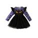 wybzd Toddler Kids Girls Halloween Casual Dress Bat Print Long Sleeve Crew Neck Tulle A-line Dress 1-5 Years