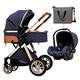 Baby Stroller 3 in 1 Newborn Carriage Toddler Pushchair Foldable Aluminum Alloy Infant Prams with Mommy Bag Rain Cover Footmuff Blanket Cooling Pad Mosquito Net (Color : Blue)