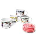 Old & Bold - 4 27 Oz Soup Bowls With Lids - Retro Soup Recipe Ceramic Mugs With Vented Lids and Handles - Version 2 - Pack of 4 - Microwave and Dishwasher Safe - For Soup, Instant Noodles, Cereal (V2)