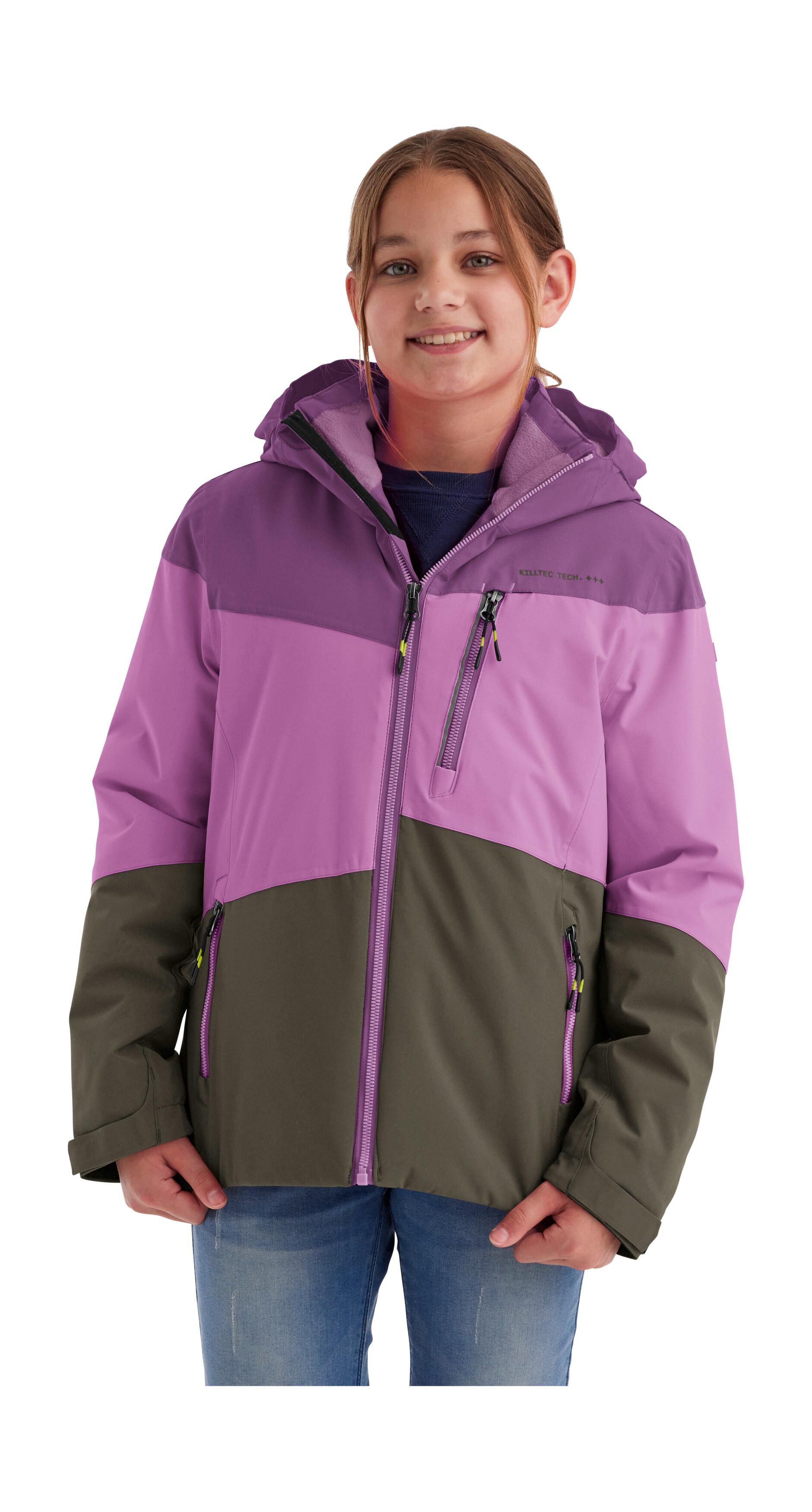 Outdoorjacke KILLTEC "KOW 170 GRLS JCKT", Kinder, Gr. 152, lila, Oberstoff: 100% Polyester, Futter: 100% Polyester, Füllung: 100% Polyester, Sportlich, Jacken, Funktionsjacke mit Kapuze und Schneefang, wasserdicht Image