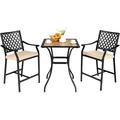 3 Piece Patio Bar Table Set Outdoor Square Bistro Bar Table High Chairs with Cushion Metal Stool All Weather Patio Dining Set Garden Backyard Porch Lawn Poolside (3 Piece Patio Bar Set)