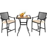 3 Piece Patio Bar Table Set Outdoor Square Bistro Bar Table High Chairs with Cushion Metal Stool All Weather Patio Dining Set Garden Backyard Porch Lawn Poolside (3 Piece Patio Bar Set)