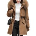 Fiauli Comfortable Women Jacket Women Coat Hooded Winter Jacket with Faux Fur Collar Warm Fashionable Zipper Closure Coat Warm Cozy Women Jacket Coffee 3XL