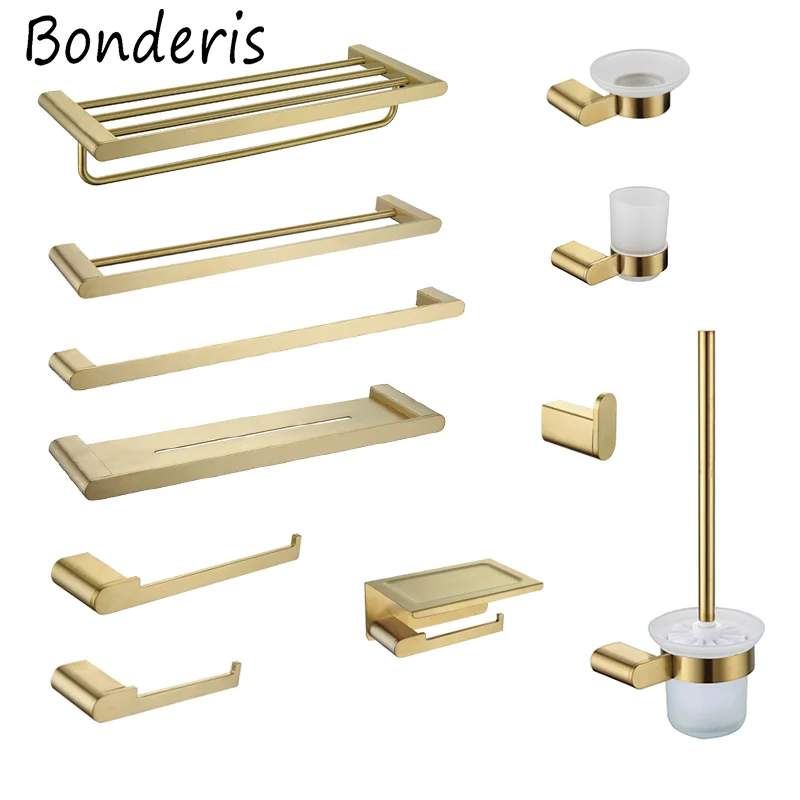 Accessoires de salle de bains en or brossé, ensembles de quincaillerie, porte-serviettes en acier inoxydable 304, crochet de barre, porte-rouleau de papier toilette, porte-gobelet et savon