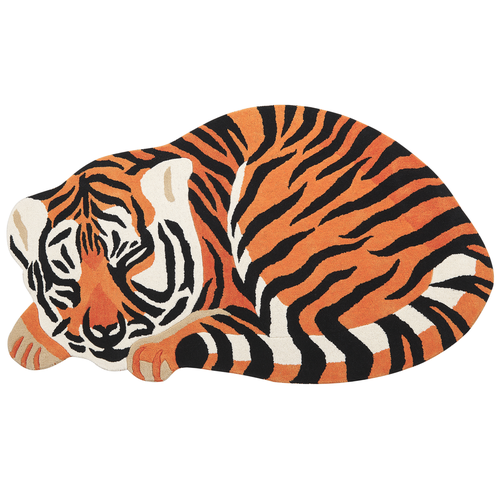 Teppich Orange und Schwarz Wolle Tiermotiv 100 x 160 cm Tiger Design Handgetuftet Modern Kurzhaar Kinderzimmer Schlafzimmer Deko Accessoires