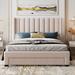 Queen Velvet Upholstered Platform Bed, Storage Bed w/A Big Drawer & 2 Small Pockets, Wooden Bed Frame w/Wood Slats Support,Beige