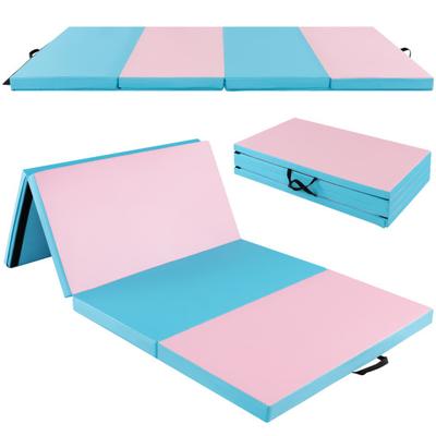 Costway Folding Gymnastics Mat with Carry Handles and Sweatproof Detachable PU Leather Cover-Blue