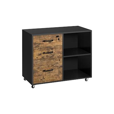 Yaheetech Rollcontainer Aktenschrank für Dokumente Büroschrank mit 5 Rollen, 3 Schubladen und 2 offenen Fächern, Industrie-Design Vintagebraun-Schwarz Image
