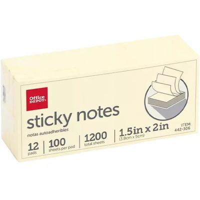 Office Depot Brand Sticky Notes, 1-1/2in x 2in, Yellow, 100 Sheets Per Pad, Pack Of 12 Pads