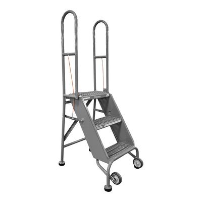Cotterman StockNStore 16" x 10" x 30" 3-Step Gray Powder-Coated Steel Folding Rolling Ladder with UnaGrip Serrated Tread SAS3A3E10C1P6 - 350 lb. Capacity