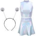 Metallic Top Sleeveless Crop Tank Top Pleated Skirt with Headband for Raves Alien Costume Halloween Cosplay, Metallic Silver, XXL