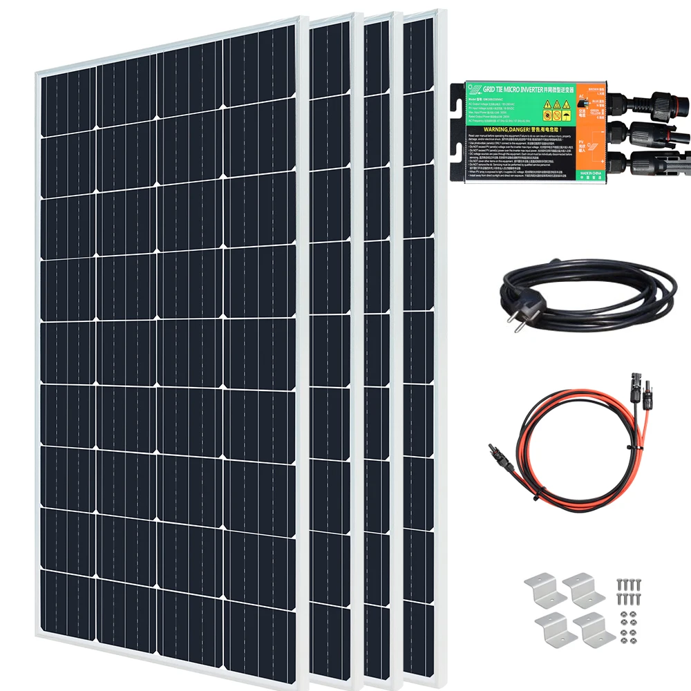 800W 600W 400W 300W panneau solaires verre Panneau photovoltaïque Système solaire Centrale électrique de balcon Onduleur de couplage au réseau pour la maison Prise 220v 230v Micro-onduleur sur le