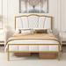 Upholstered Platform Bed with Tufted Headboard, Superior Quality Gold Finish Metal Platform Bed Frame for Bedroom
